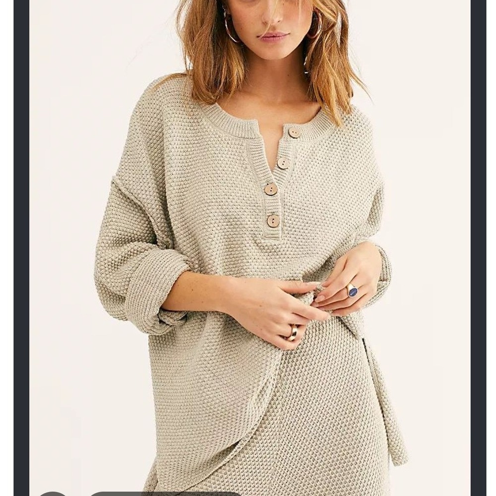 Free People Women FP Beach Waffle Knit Henley Oversized Sweater Beige Tan XL